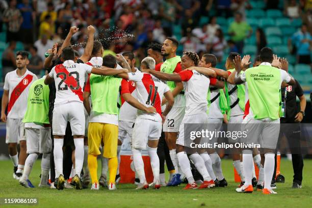 Players of Peru celebrate after winning during a penalty shootout after the Copa America Brazil 2019 quarterfinal match between Uruguay and Peru at...