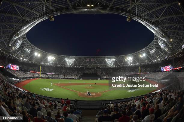 General view of the action during the MLB London Series game between the New York Yankees and the Boston Red Sox at London Stadium on June 29, 2019...