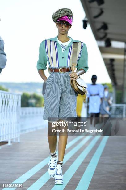 Model walks during the runway miu miu club show at Hippodrome d'Auteuil on June 29, 2019 in Paris, France.