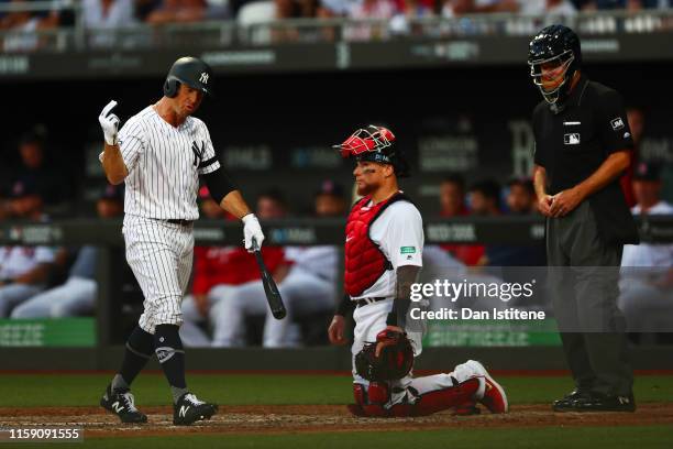 Brett Gardner of the New York Yankees reacts during the MLB London Series game between Boston Red Sox and New York Yankees at London Stadium on June...