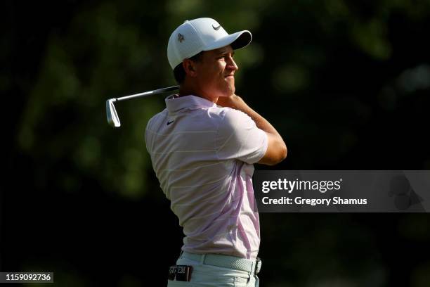 Cameron Champ plays his shot on the 17th hole during round three of the Rocket Mortgage Classic at the Detroit Country Club on June 29, 2019 in...