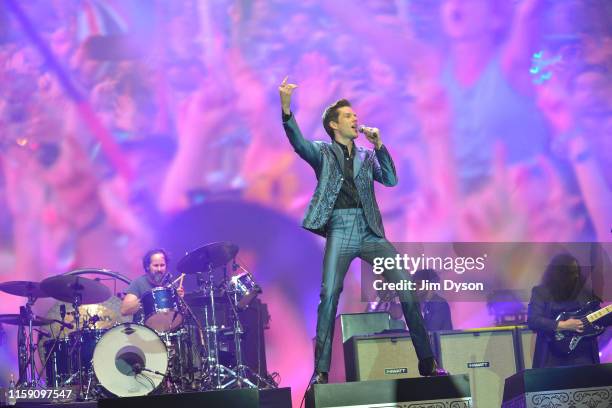 Brandon Flowers of The Killers performs live on the Pyramid stage during day four of Glastonbury Festival at Worthy Farm, Pilton on June 29, 2019 in...