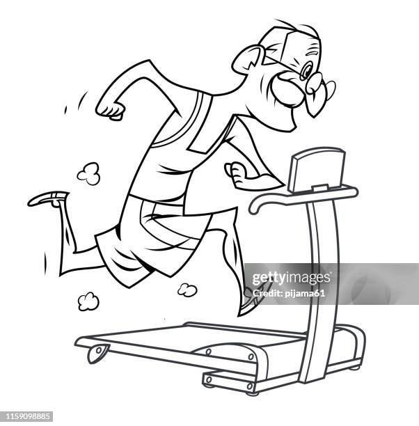 stockillustraties, clipart, cartoons en iconen met zwart en wit oude man draait op loopband - treadmill