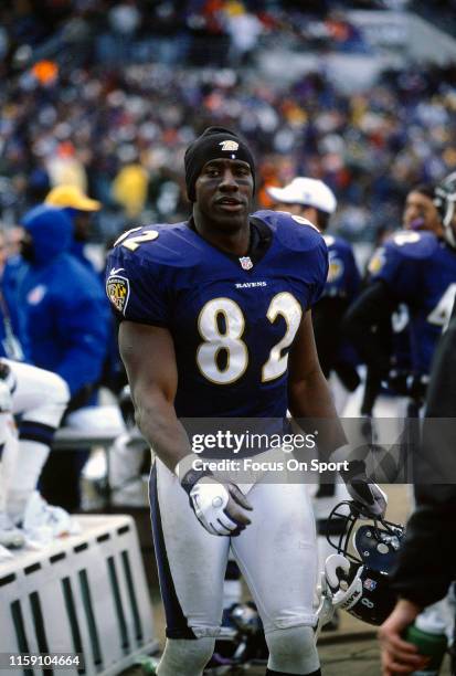 Shannon Sharpe of the Baltimore Ravens looks on from the sidelines against the Denver Broncos during the AFC Wild Card Game December 31, 2000 at...