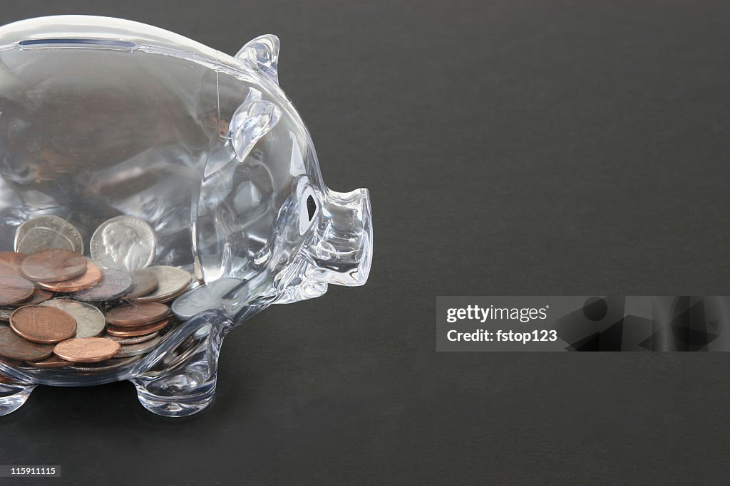 Clear piggy bank with coins inside.