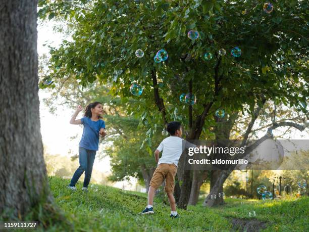 boy and girl playing with bubbles - catching bubbles stock pictures, royalty-free photos & images