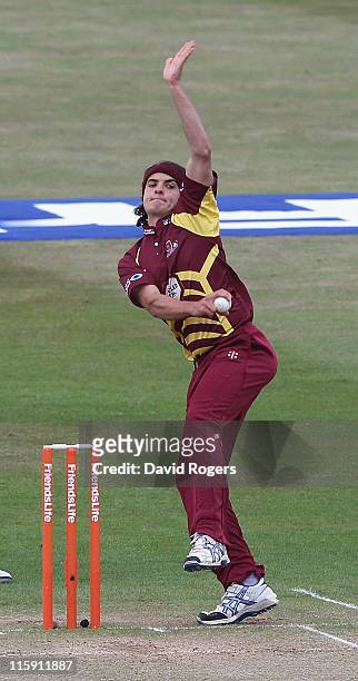 Jack Brooks of Northants, bowls during the Friends Life T20 match between Northamptonshire and Durham at Wantage Road on June 9, 2011 in Northampton,...