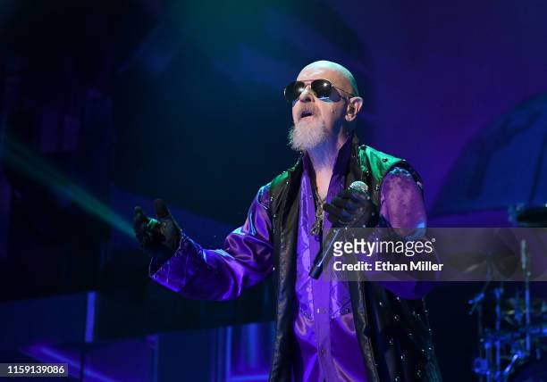 Singer Rob Halford of Judas Priest performs on the final night of the band's Firepower World Tour at The Joint inside the Hard Rock Hotel & Casino on...