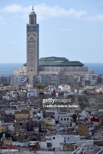 Aerial view of the Hassan II mosque in Casablanca on June 21, 2019 in Casablanca, Morocco.