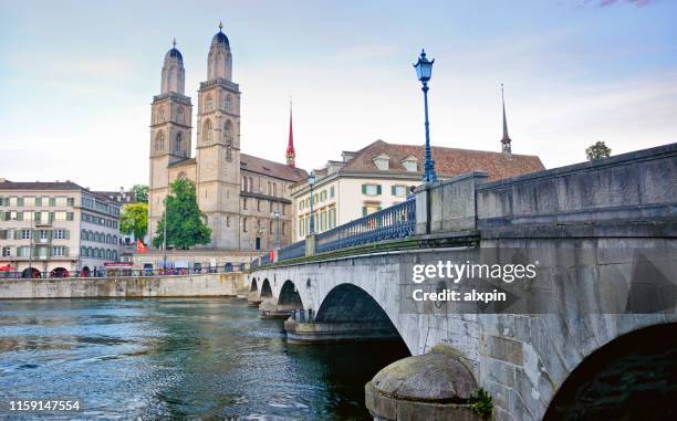 zurich cityscape, switzerland - grossmunster cathedral stock pictures, royalty-free photos & images