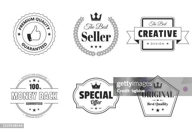 ilustraciones, imágenes clip art, dibujos animados e iconos de stock de conjunto de insignias y etiquetas (esquema, arte lineal) - elementos de diseño - de buena calidad