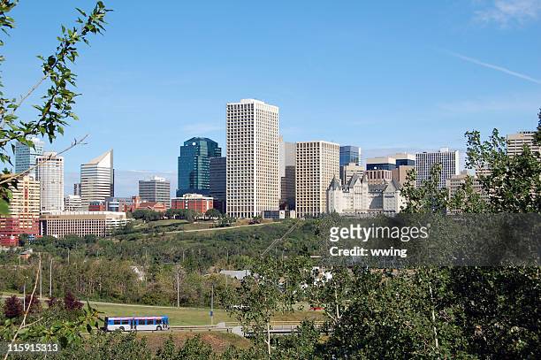 edmonton skyline in canada on a clear day in summer. - edmonton river stock pictures, royalty-free photos & images