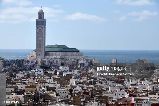 Aerial view of the Hassan II mosque in Casablanca on June 21, 2019 in Casablanca, Morocco.