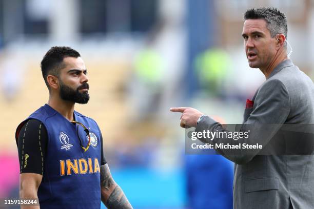 India captain Virat Kohli in conversation with ex England cricketer Kevin Pietersen ahead of the Group Stage match of the ICC Cricket World Cup 2019...