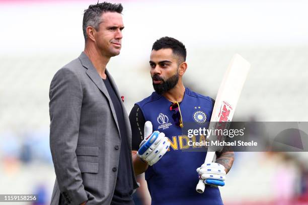 India captain Virat Kohli in conversation with ex England cricketer Kevin Pietersen ahead of the Group Stage match of the ICC Cricket World Cup 2019...