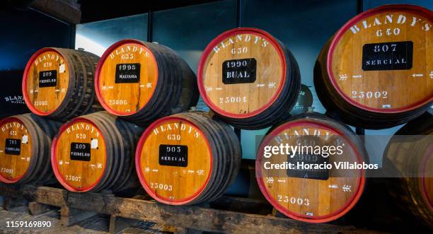 Madeira wine casks at Blandy's Wine Lodge on June 27, 2019 in Funchal, Portugal. The Blandy family is the only family of all the original founders of...