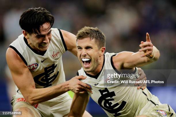 Marc Murphy of the Blues celebrates a last minute goal to win the game during the round 15 AFL match between the Fremantle Dockers and the Carlton...
