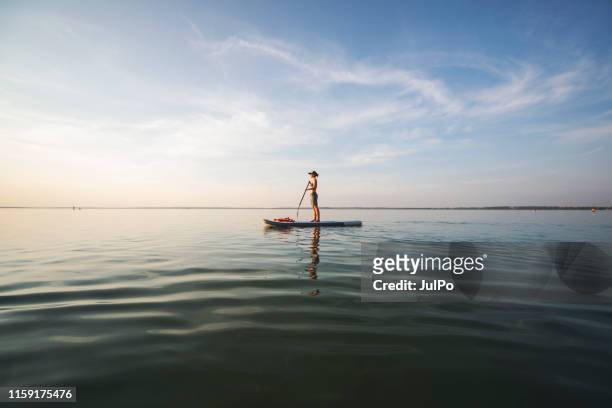 jonge volwassen vrouw paddle boarding - paddleboard stockfoto's en -beelden