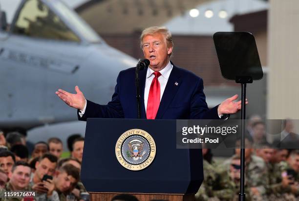 President Donald Trump speaks to U.S. Troops at the Osan Airbase on June 20, 2019 in Pyeongtaek, South Korea. U.S. President Donald Trump and North...