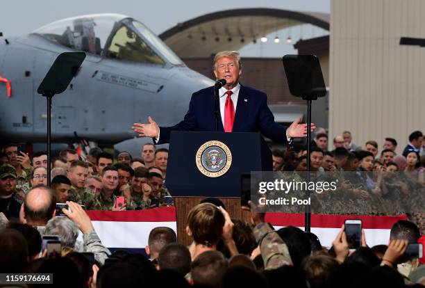 President Donald Trump speaks to U.S. Troops at the Osan Airbase on June 20, 2019 in Pyeongtaek, South Korea. U.S. President Donald Trump and North...