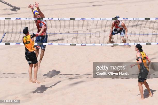 Michal Bryl of Poland blocks the ball during the match against Yannick Harms of Germany during day three between the match Michal Bryl and Grzegorz...