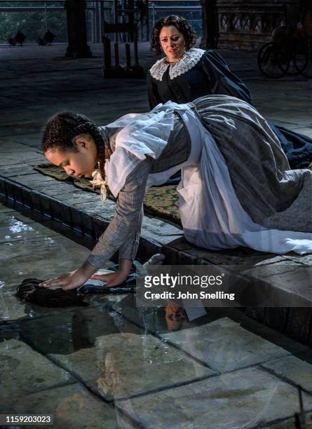 Sophie Bevan as The Governess and Adrianna Forbes-Dorant as Flors perform on stage during the dress rehearsal of Benjamin Britten's "Turn of the...