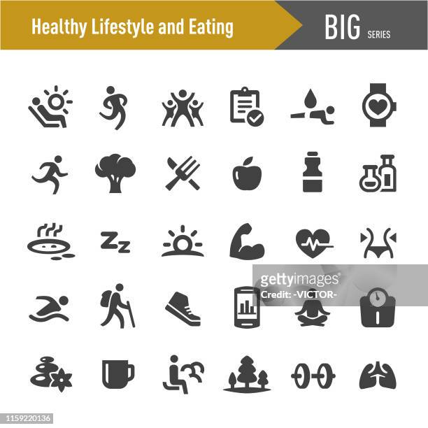 illustrazioni stock, clip art, cartoni animati e icone di tendenza di icone salutari per lo stile di vita e il mangiare - grande serie - esercizio fisico