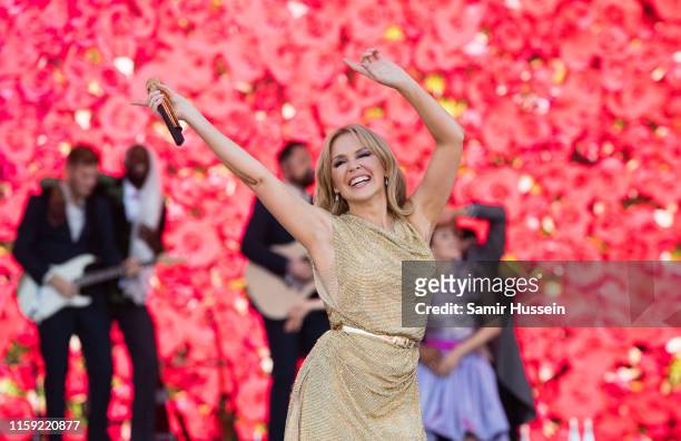 Kylie Minogue performs on the Pyramid Stage on day five of Glastonbury Festival at Worthy Farm, Pilton on June 30, 2019 in Glastonbury, England.