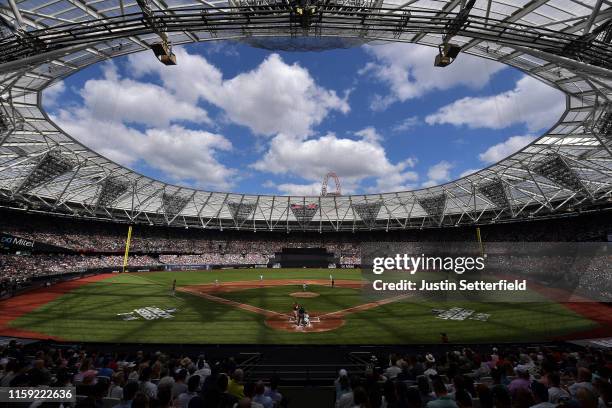 General view of the action during the MLB London Series game between the New York Yankees and the Boston Red Sox at London Stadium on June 30, 2019...