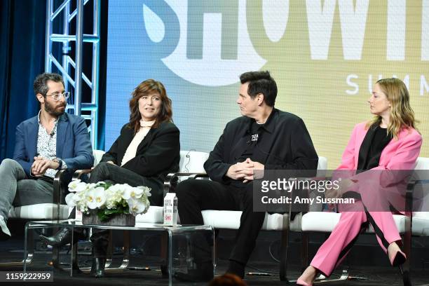 Dave Holstein, Catherine Keener, Jim Carrey and Judy Greer of Kidding speak during the 2019 Summer TCA Press Tour at The Beverly Hilton Hotel on...