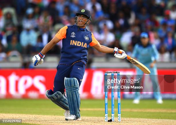 Dhoni of India in action batting during the Group Stage match of the ICC Cricket World Cup 2019 between England and India at Edgbaston on June 30,...