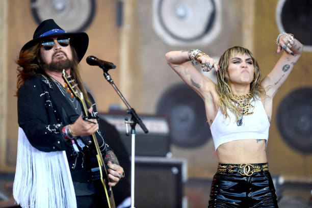 Billie Ray Cyrus and Miley Cyrus performson the Pyramid stage during day five of Glastonbury Festival at Worthy Farm, Pilton on June 30, 2019 in...
