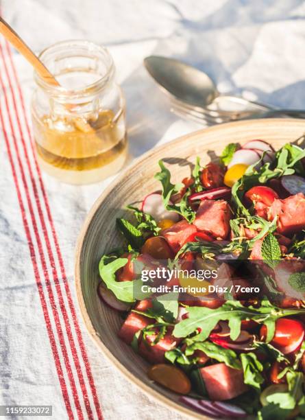 summer watermelon salad with sunshine and lemon oil - portugal food stock pictures, royalty-free photos & images