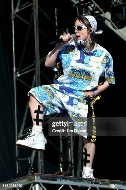 Billie Eilish performs live on stage during day five of Glastonbury Festival at Worthy Farm, Pilton on June 30, 2019 in Glastonbury, England. The...