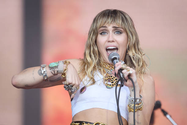 Miley Cyrus performs on the Pyramid Stage on day five of Glastonbury Festival at Worthy Farm, Pilton on June 30, 2019 in Glastonbury, England....