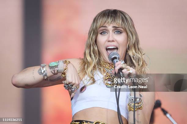 Miley Cyrus performs on the Pyramid Stage on day five of Glastonbury Festival at Worthy Farm, Pilton on June 30, 2019 in Glastonbury, England....