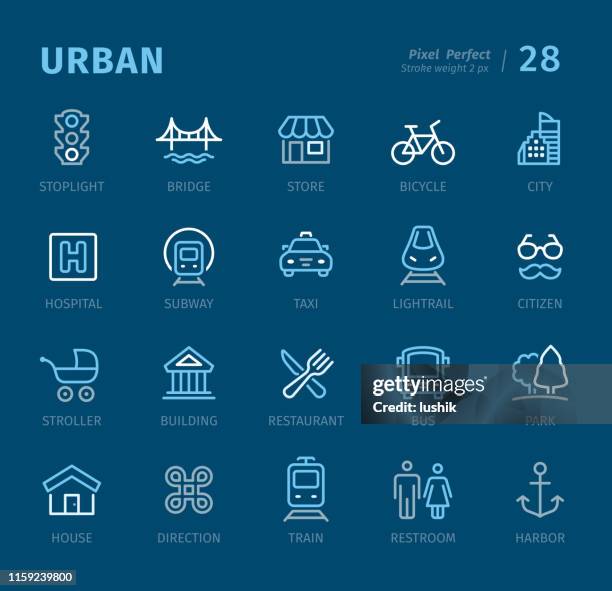 urban - outline icons with captions - pedestrian area stock illustrations