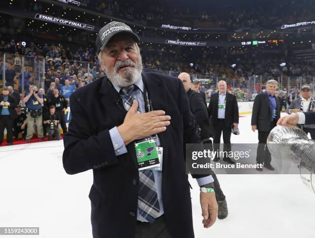 Bob Plager of the St. Louis Blues celebrates the Stanley Cup victory following the Blues win over the Boston Bruins at TD Garden on June 12, 2019 in...