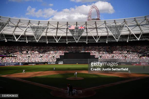General view of the action during the MLB London Series game between the New York Yankees and the Boston Red Sox at London Stadium on June 30, 2019...