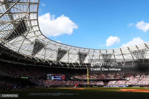 General view of the action during the MLB London Series game between Boston Red Sox and New York Yankees at London Stadium on June 30, 2019 in...