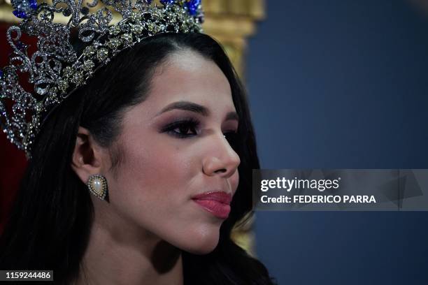 Miss Venezuela 2019 Thalia Olvino attends a press conference in Caracas on August 2, 2019. - Olvino became the first winner of the annual pageant...