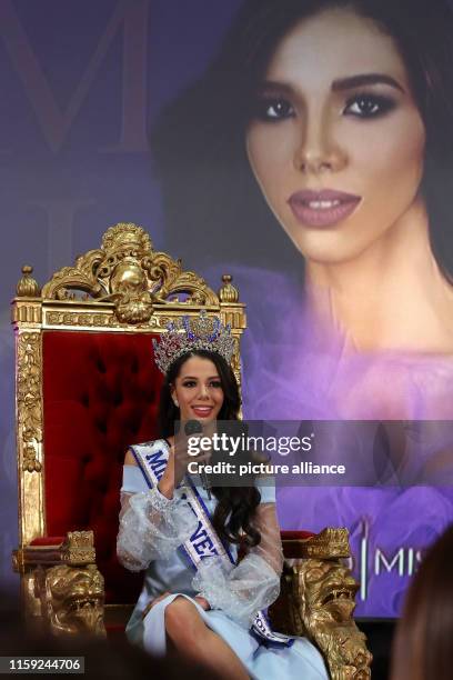 August 2019, Venezuela, Caracas: Thalia Olvino, marketing student from the state of Delta Amacuro, speaks at a press conference after her coronation...