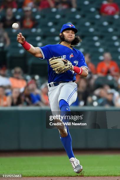 Bo Bichette of the Toronto Blue Jays throws to first base during the third inning against the Baltimore Orioles at Oriole Park at Camden Yards on...