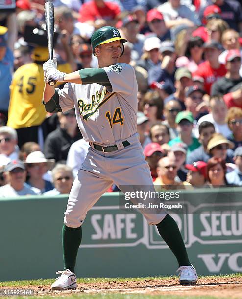 Mark Ellis of the Oakland Athletics bats against the Boston Red Sox at Fenway Park on June 5, 2011 in Boston, Massachusetts.
