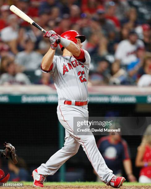 Matt Thaiss of the Los Angeles Angels of Anaheim hits a two run double in the ninth inning against the Cleveland Indians at Progressive Field on...