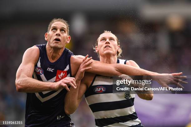 Aaron Sandilands of the Dockers contests a boundary throw in against Mark Blicavs of the Cats during the 2019 AFL round 20 match between the...