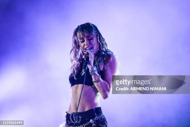Singer Miley Cyrus performs on stage during a concert at the Sunny Hill Festival in Pristina on August 2, 2019.