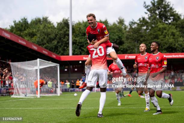 Emmanuel Dieseruvwe of Salford City celebrates after scoring a goal to make it 2-0 during the Sky Bet League Two match between Salford City and...