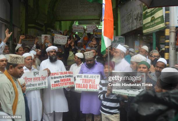 Muslim people protest against Triple Talaq Bill outside Sunni Badi Masjid, on August 2, 2019 in Mumbai, India. The Muslim Women Bill prescribing up...