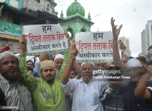 Muslim people protest against Triple Talaq Bill outside Sunni Badi Masjid, on August 2, 2019 in Mumbai, India. The Muslim Women Bill prescribing up...